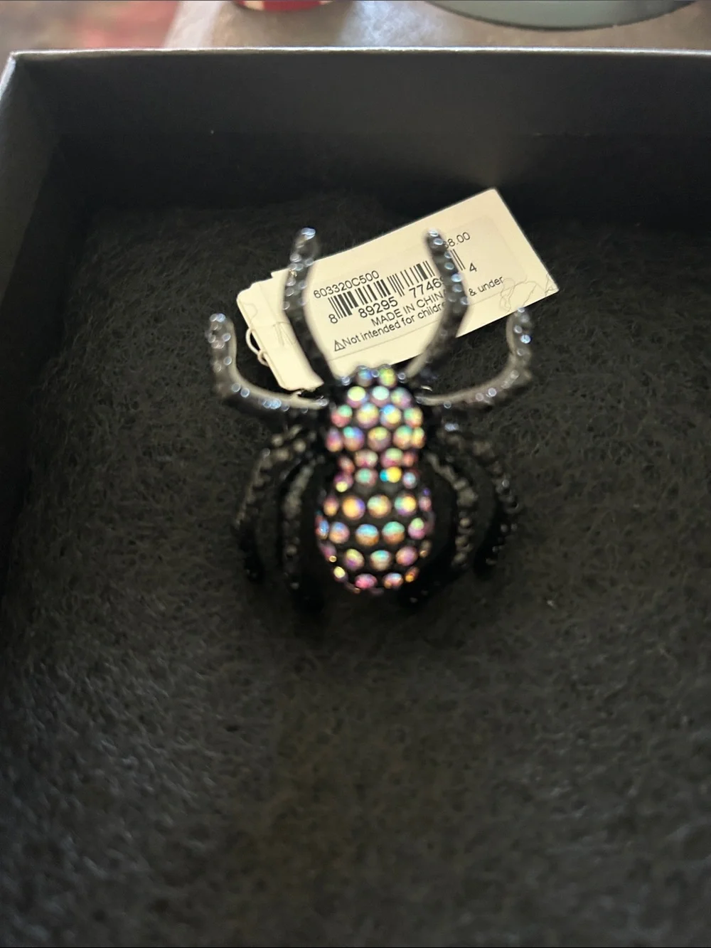 Betsey Johnson Black Spider Ring with Iridescent Crystal Accents